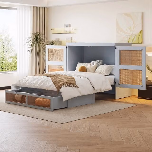 Letto a scomparsa REDOM in legno grigio con design in rattan e cassetti L/P: 140 x 200 cm
