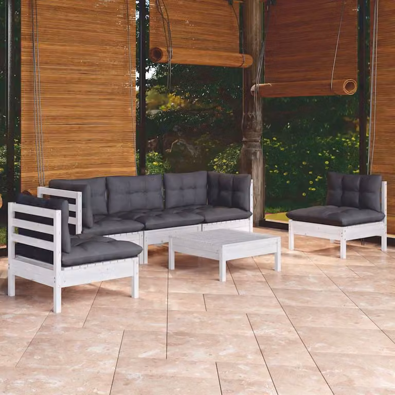 Set Salotto da Giardino vidaXL 6 pz in Legno di Pino con Cuscini, Design Moderno a L con Elemento Angolare e Ottoman, Colori Bianco, Antracite o Grigio
