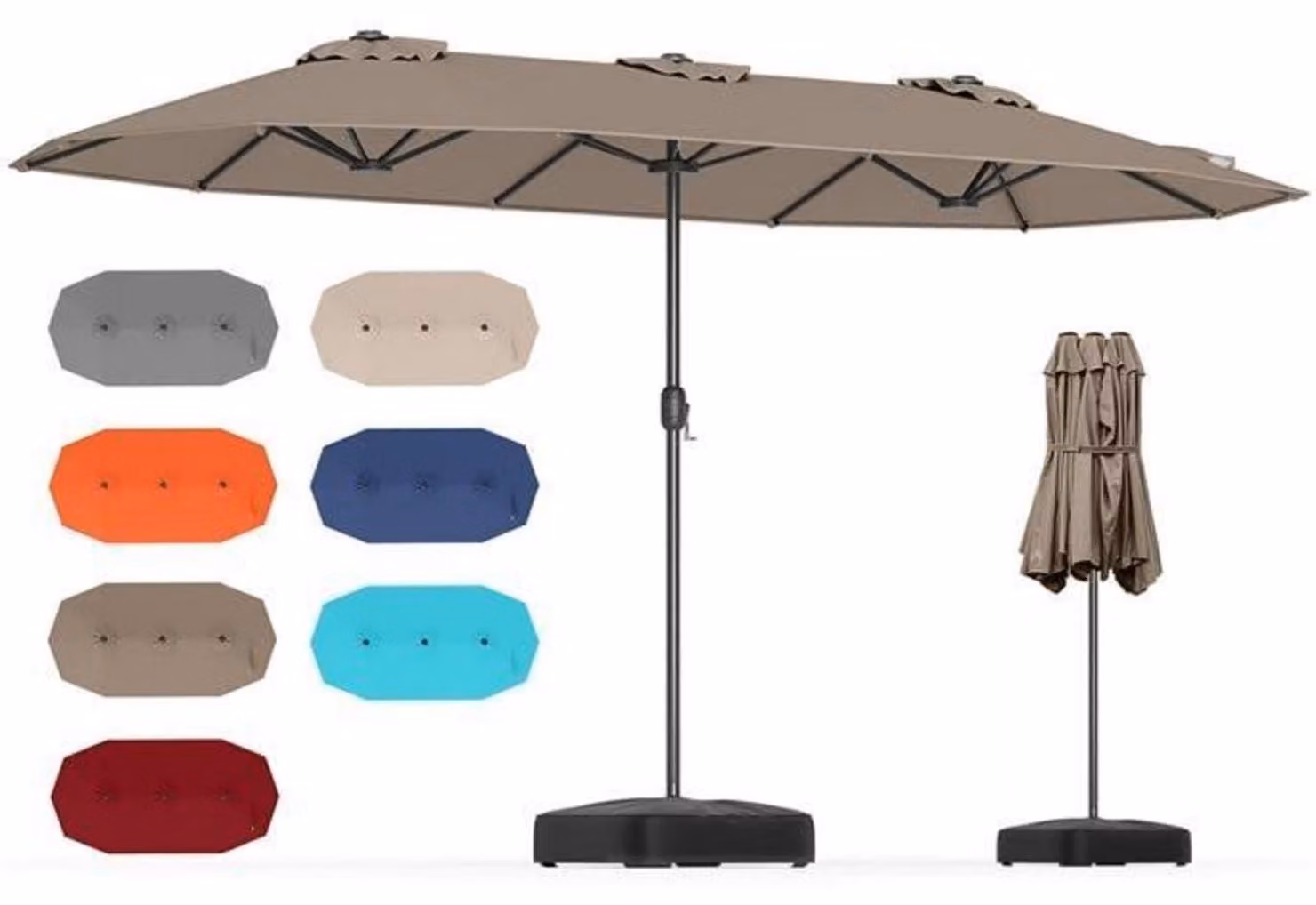 Ombrellone doppio con base, 400 x 200 cm, XXL. Ombrellone per terrazza con manovella, protezione UV 30+, colore marrone