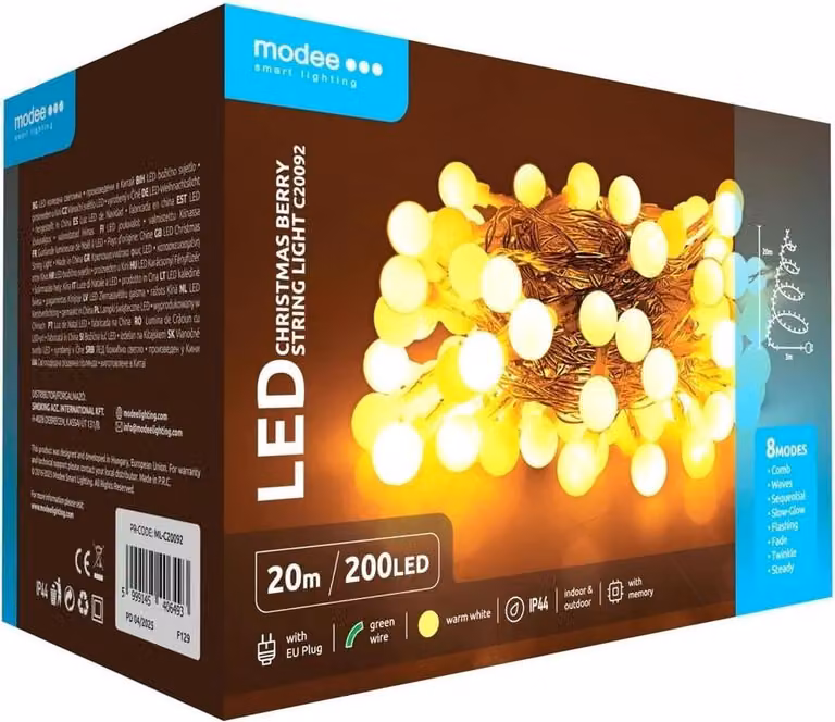 Luci di Natale bianco caldo - 20 metri - 200 LED - IP44