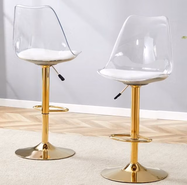 Set da 2 sgabelli bar REDOM trasparenti con seduta in ecopelle bianca e gambe oro