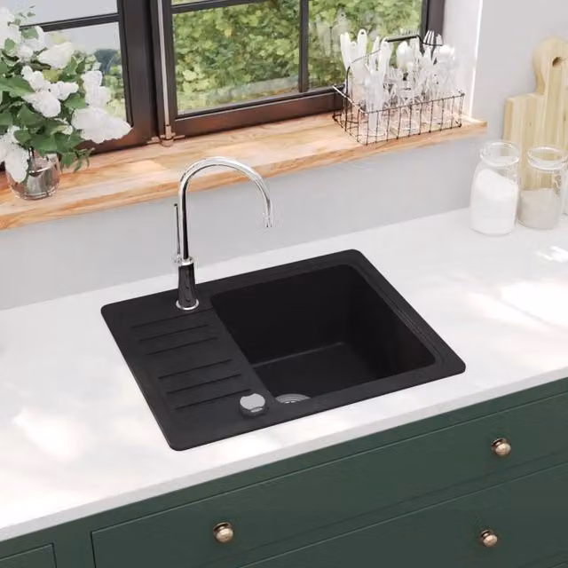 Lavello da cucina a vasca singola in granito nero vidaXL L/P/H: 57,5 x 46,0 x 28,0 cm – 1