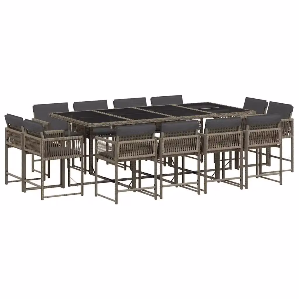 Set da Pranzo da Giardino vidaXL in Polyrattan con Cuscini e Tavolo in Vetro, 13 Pezzi, Grigio e Nero – 2