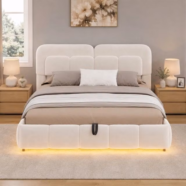 Letto matrimoniale 140 × 200 cm con contenitore idraulico, illuminazione LED e testiera imbottita, senza materasso, beige