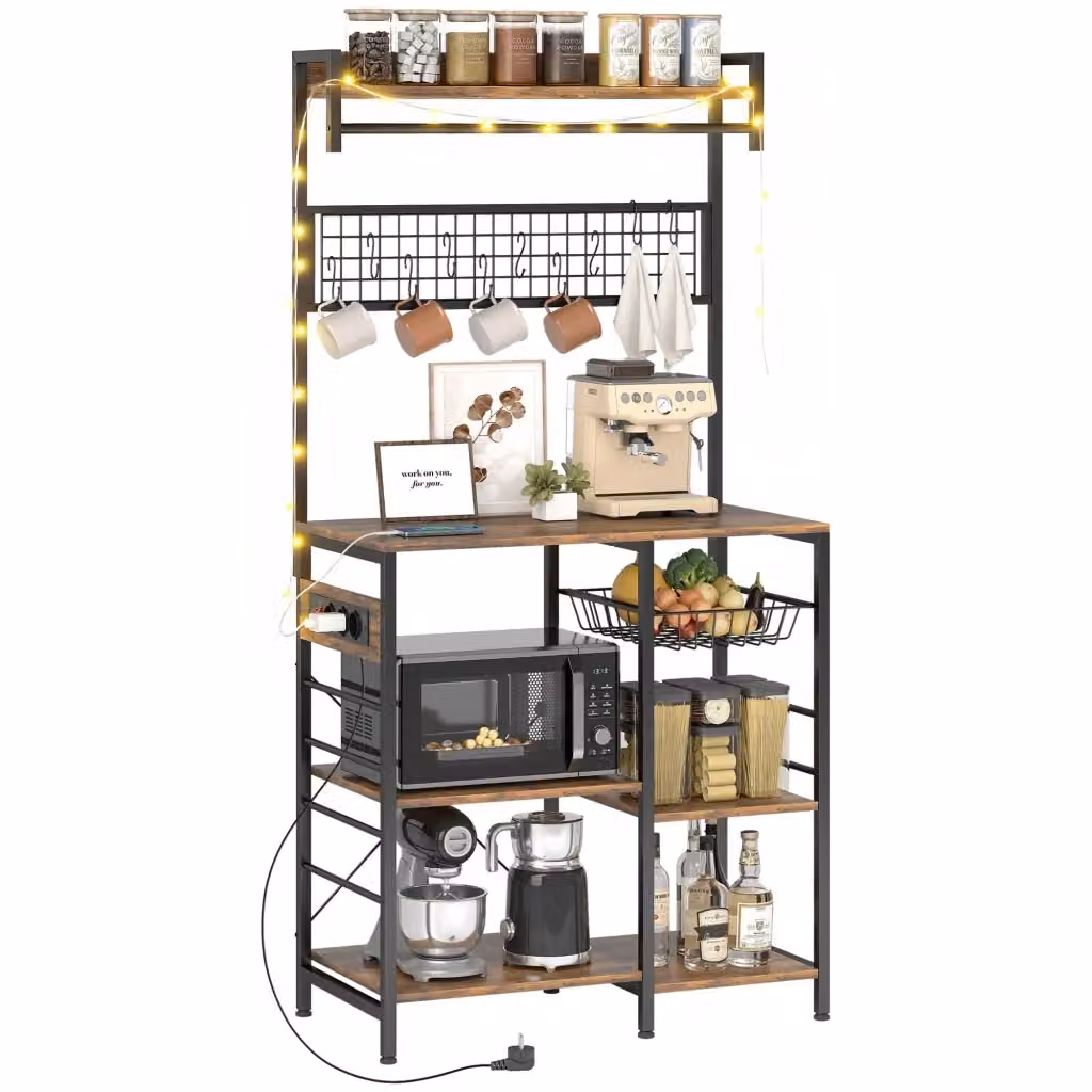 Scaffale da cucina HOMCOM in stile industriale marrone con luci LED integrate e barra appendiastoviglie L 80 cm, P 42 cm, H 162 cm – 2