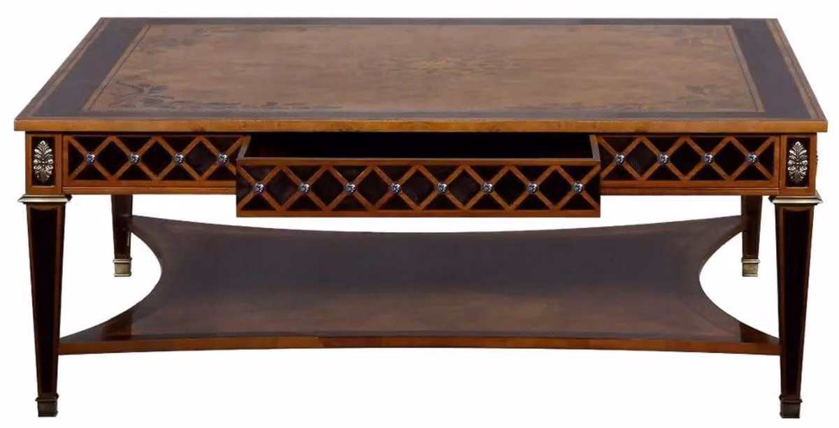 Tavolino Art Deco Casa Padrino colori naturali / intarsi marroni / argento / ottone antico 130 x 130 x h. 50 cm - Tavolo quadrato da salotto - Mobili da salotto Art Deco