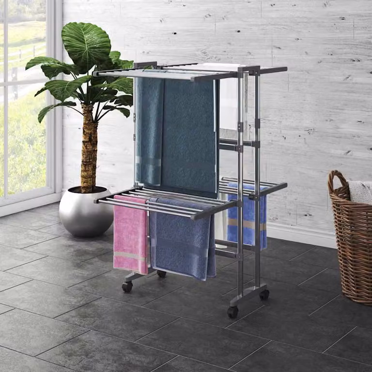 Stendibiancheria vidaXL a 2 Livelli con Ruote, Pieghevole, Argento, L: 60 cm, P: 70 cm, H: 106 cm