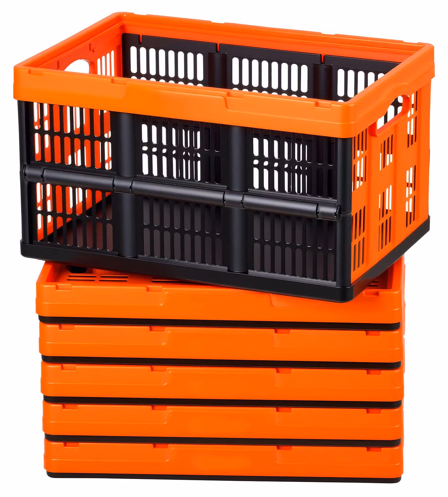 Set da 6 contenitori pieghevoli SucceBuy da 45 L, contenitori pieghevoli in plastica, cestini impilabili con manici, portata massima di 15 kg per contenitore, contenitori pieghevoli per l'organizzazione della casa, arancione e nero