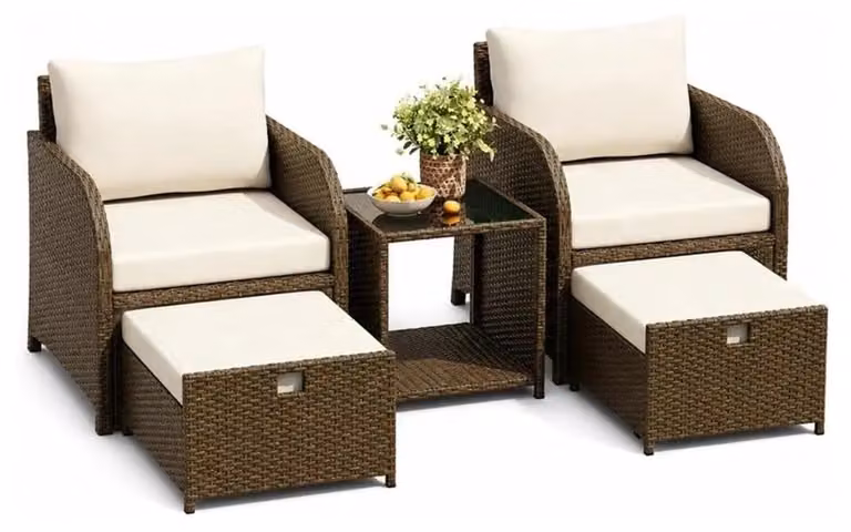 Set di mobili da giardino in rattan - Set modulare per area relax esterna - 2 poltrone - 2 poggiapiedi - Tavolino con piano in vetro temperato - Resistente agli agenti atmosferici - Assemblaggio richiesto