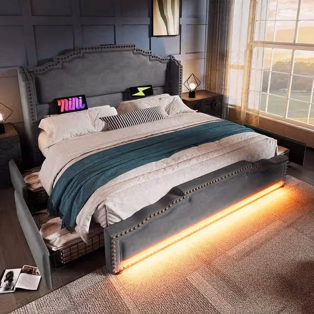 Letto matrimoniale-Xylo-180x200 cm-4 cassetti, LED, USB-C, velluto grigio, senza materasso