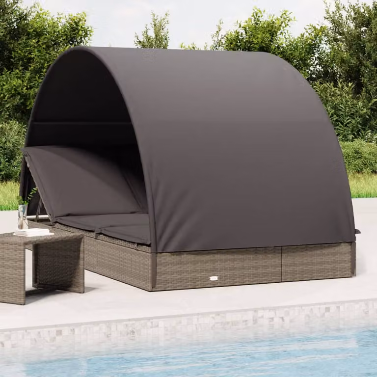 vidaXL Lettino Doppio con Tetto Rotondo Grigio in Polyrattan e Acciaio L: 211 cm, P: 112 cm, H: 140 cm