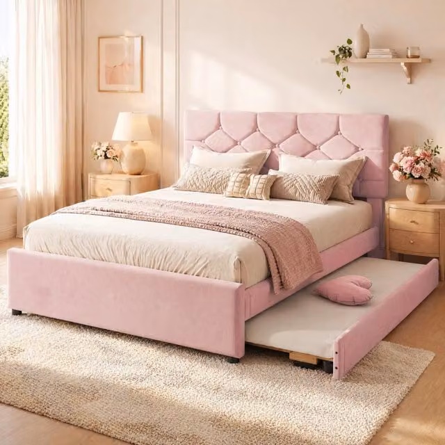 Letto imbottito 140x200 cm con rete a doghe e letto estraibile rosa minimalista