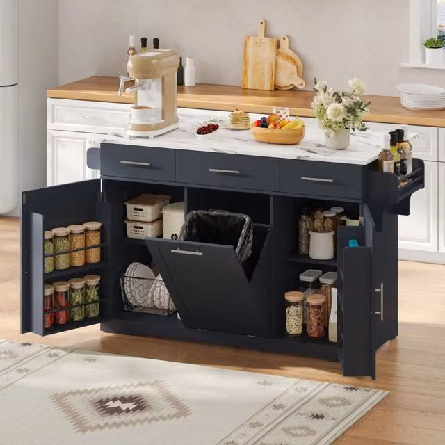 Isola da cucina mobile, carrello da cucina, credenza, piano di lavoro pieghevole, 3 cassetti, mobile con cestino dei rifiuti, grigio e bianco