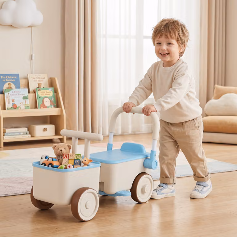 Auto a spinta 3 in 1 Costway per bambini con corda di traino, vano portaoggetti e ruote antiscivolo, colore blu