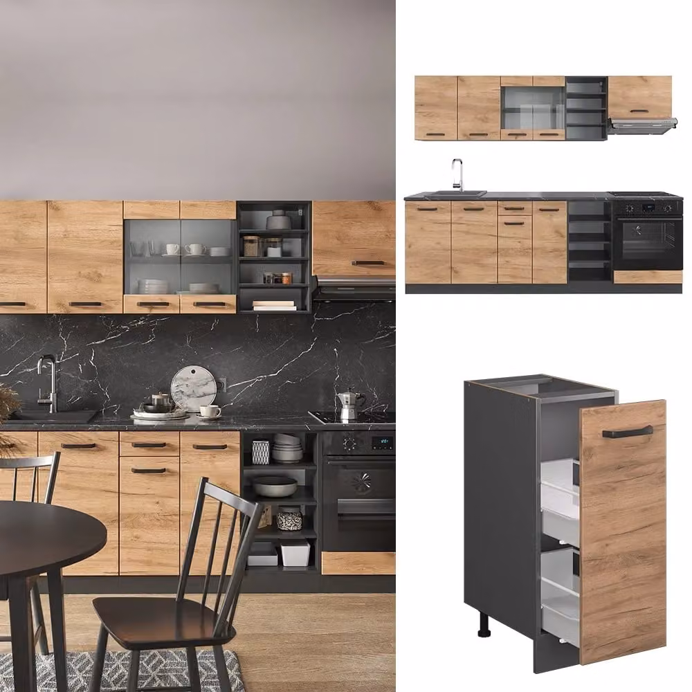 Cucina componibile moderna R-Line Vicco in rovere e antracite, L: 240 cm – 2