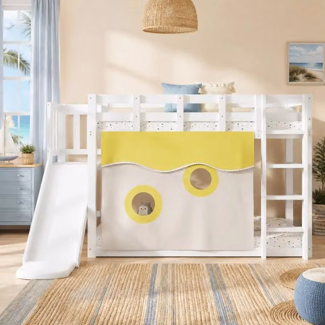 Letto a soppalco ULEVR 90x200 cm con scala, scivolo, tende e sponde di sicurezza, bianco