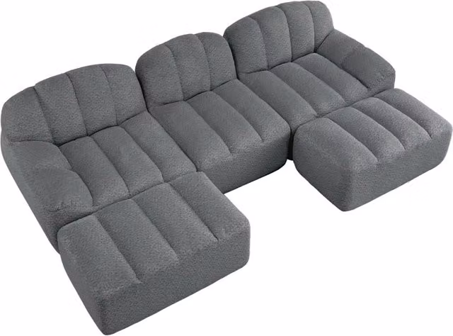Divano modulare a 3 posti a forma di U con 2 pouf, schiuma ad alta densità 32D, rivestimento in pile granulato grigio, ideale per soggiorno