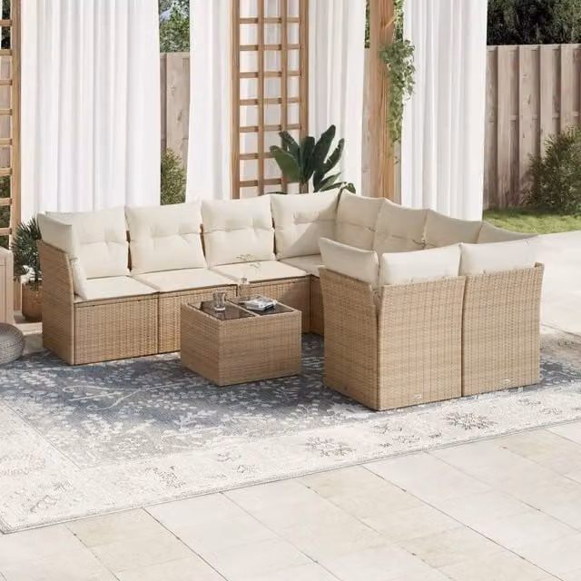 Set Divano da Giardino Moderno VIDAXL in Polyrattan con Cuscini Beige, 9 Pezzi, Forma a L