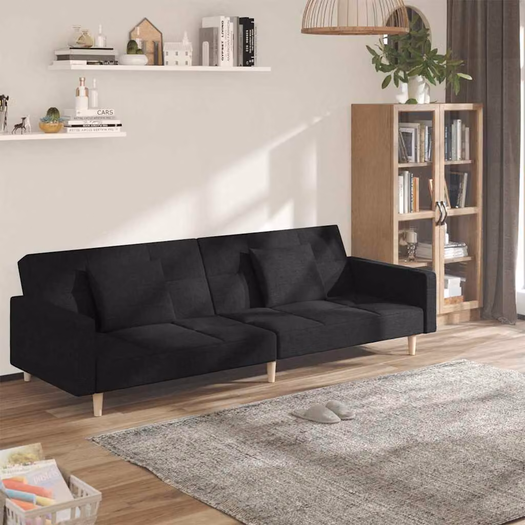 vidaXL Divano Letto Click-Clack a 2 Posti in Tessuto Nero con 2 Cuscini e Struttura in Legno Massiccio L: 220 cm, P: 84,5 cm, H: 69 cm