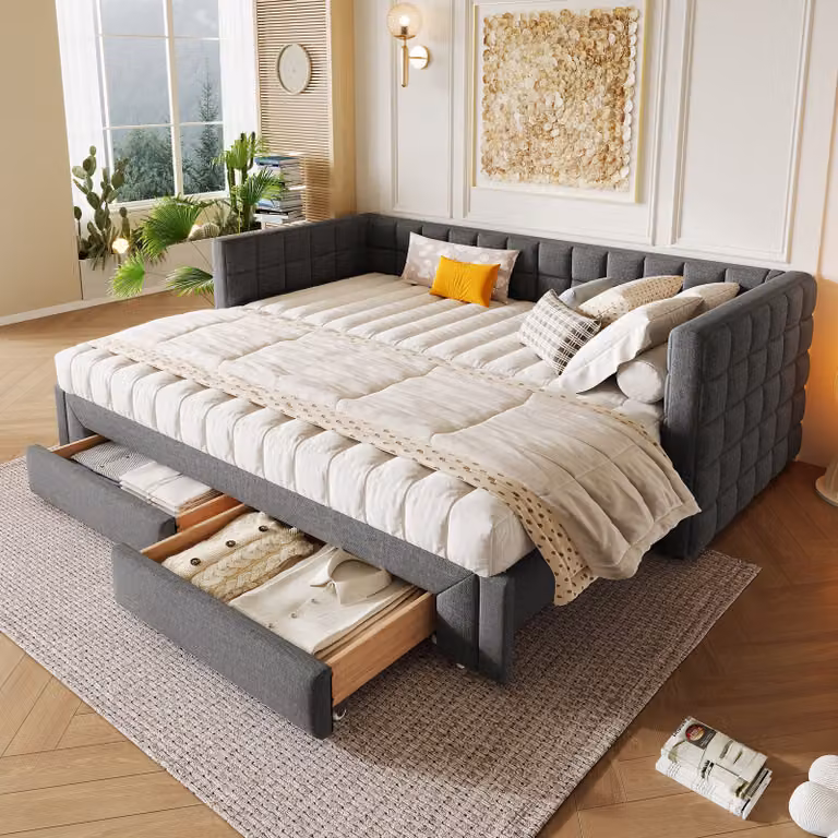 Letto imbottito Abrihome 90 x 200 cm con letto estraibile, daybed con 2 cassetti, grigio