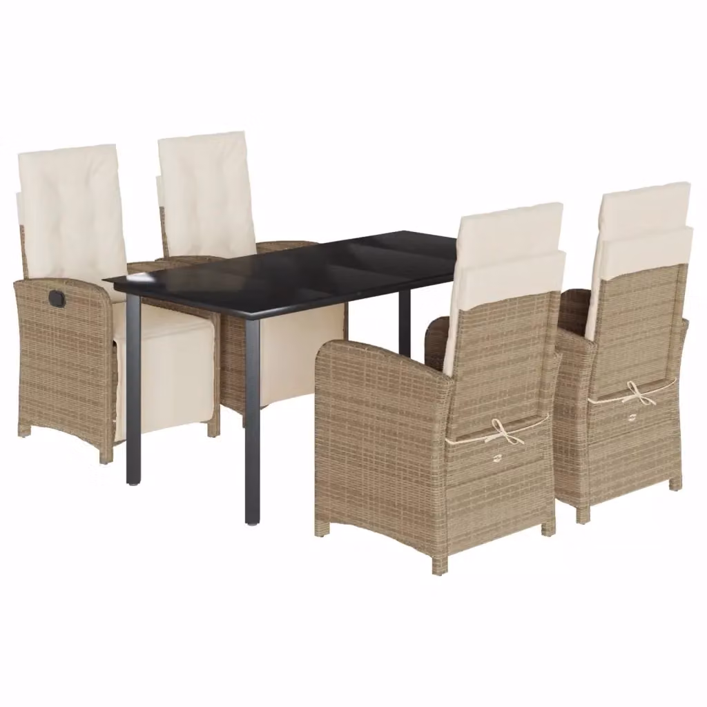 Set da Pranzo da Giardino vidaXL in Polyrattan con Cuscini Beige e Tavolo in Vetro per 5 Persone – 2