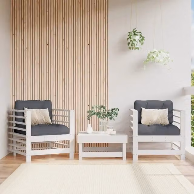Set di 2 sedie da giardino vidaXL in legno di pino bianco laccato con braccioli e cuscini inclusi, H 110 x L 63,5 x P 60 cm
