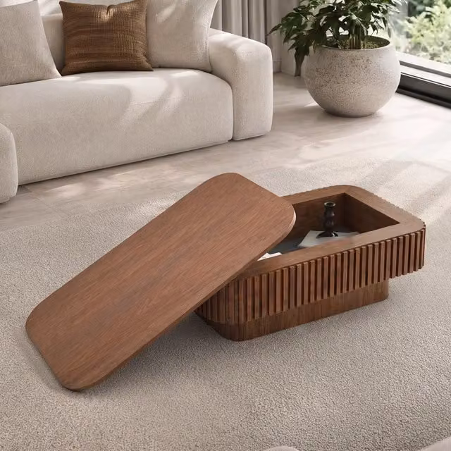 Tavolino da caff¨¨ rettangolare ¨C Minimal ¨C noce, legno massello impiallacciato, con cassetto nascosto, 98 cm