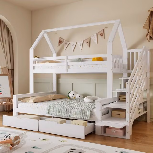 Letto a castello per bambini REDOM in legno e MDF bianco con struttura a casetta e scala, L/P/H: 200 x 90 x 144,5 cm