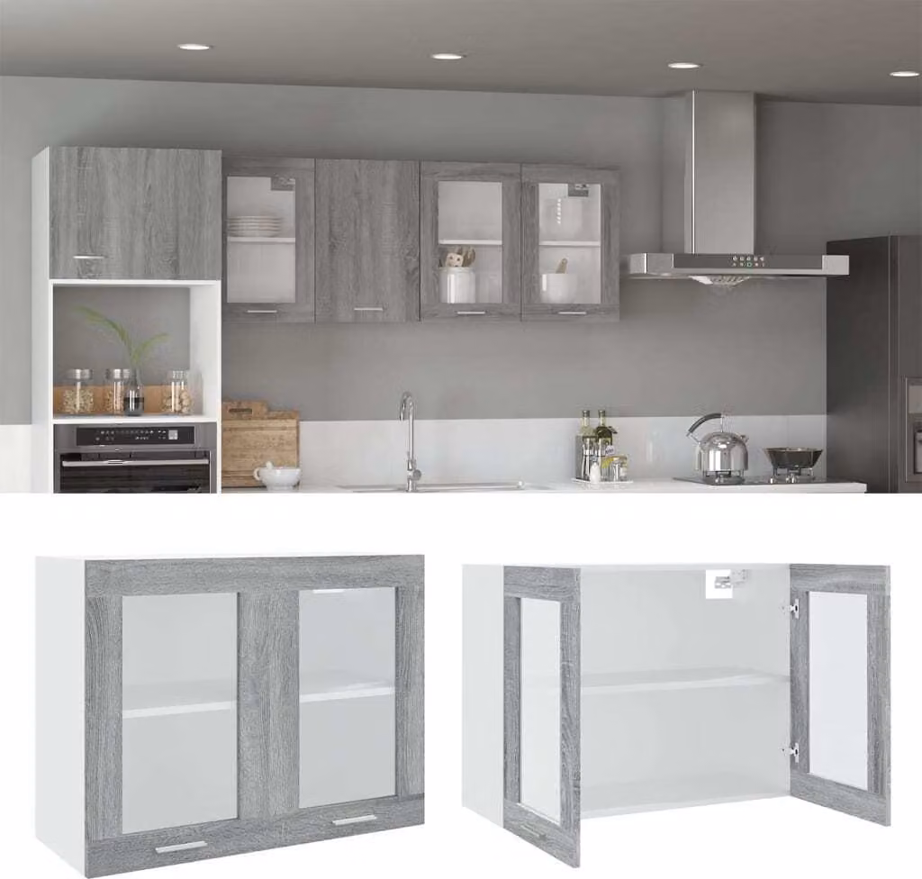 The Living Store Parete attrezzata vetro grigio Sonoma 80x31x60 cm materiale legno