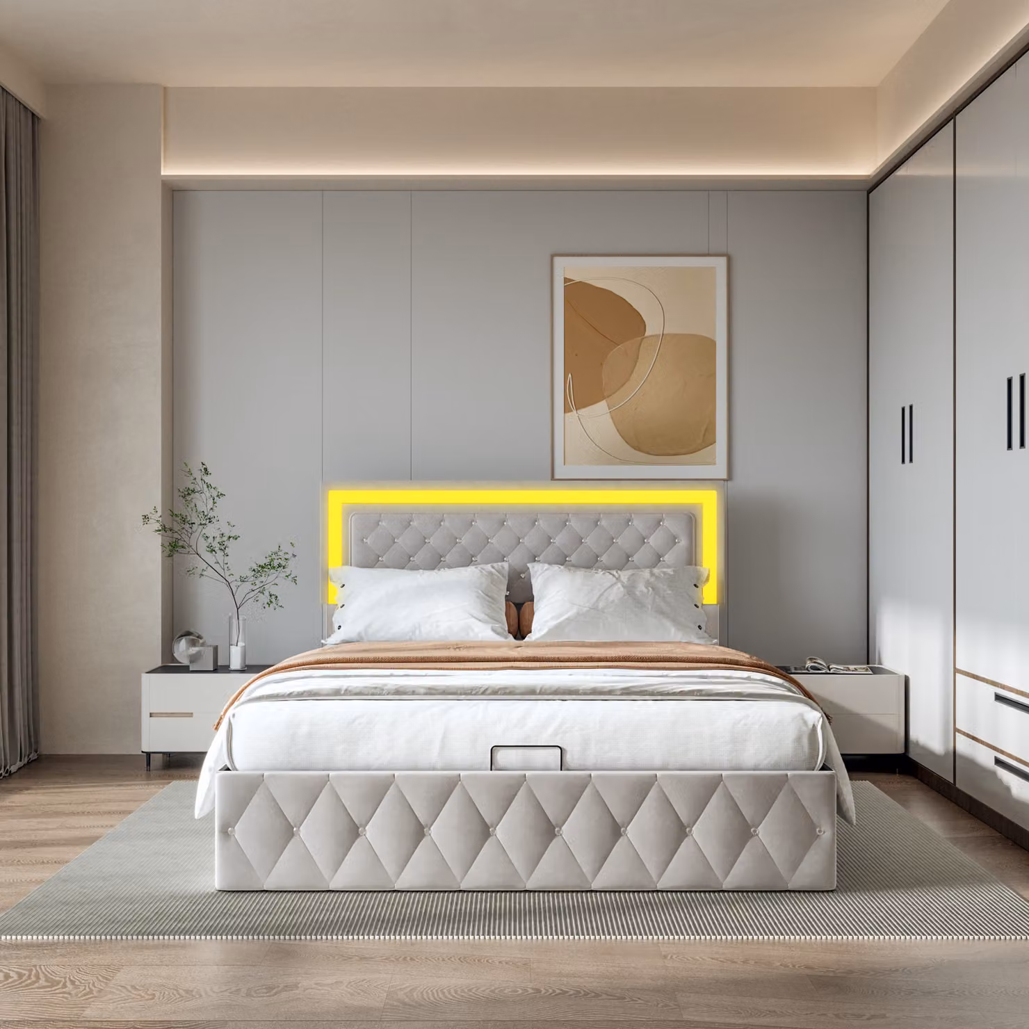 Letto Moonbite con contenitore, 140x200 cm, rivestito in velluto beige, testiera LED regolabile, sistema di sollevamento a gas, ampio contenitore – Design classico e funzionale