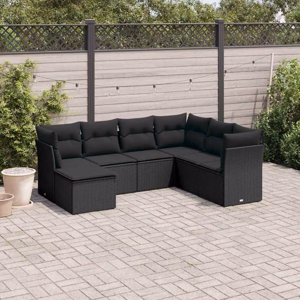 vidaXL Set Divani da Giardino a L con Cuscini 7pz in Polyrattan Nero – 1