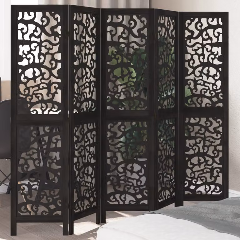 Divisorio Ambienti vidaXL con 5 Pannelli in Legno Massello di Paulownia, Colore Nero, H: 180 cm, L: 160 cm