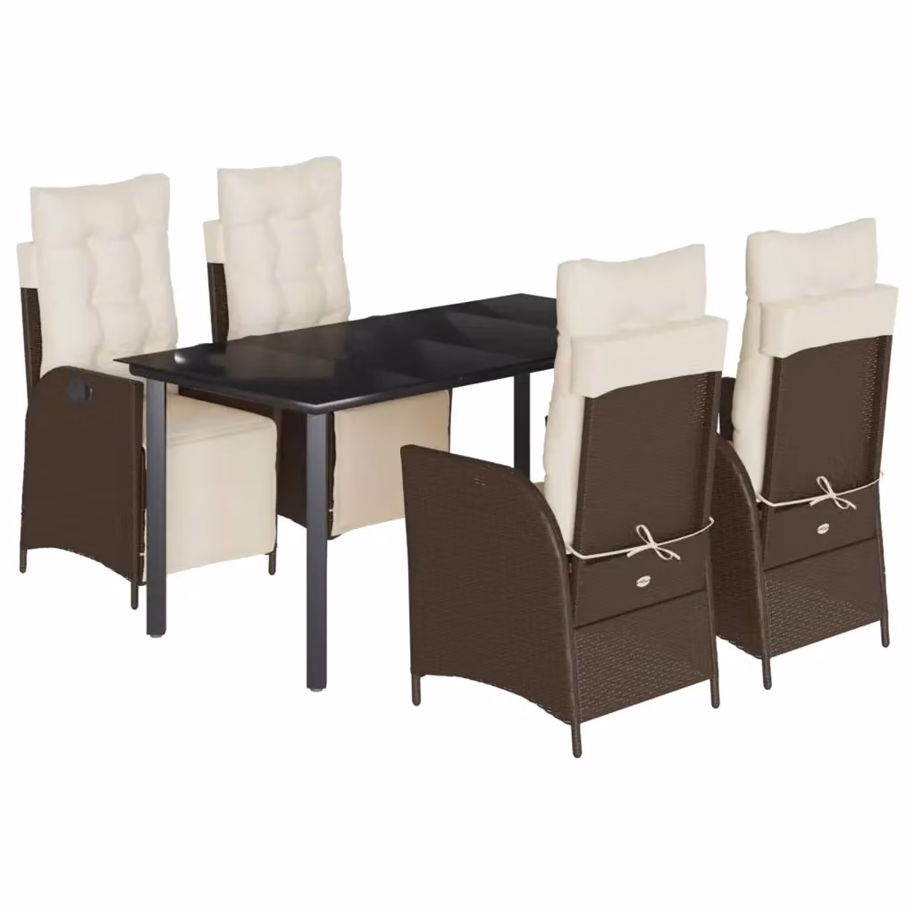 Set da Pranzo da Giardino 5pz vidaXL in Polyrattan Marrone con Cuscini e Tavolo in Vetro – 2