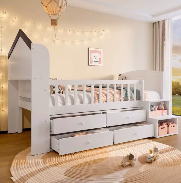 Letto a soppalco ULEVR 90x200 cm a forma di casa con 4 cassetti, scala con ripiani e LED, bianco
