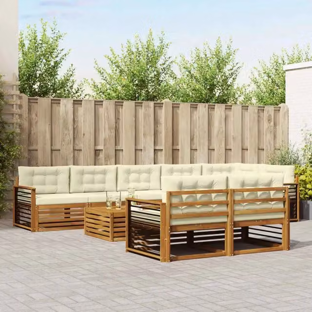 Set di divani da esterno moderno vidaXL in legno di acacia con cuscini beige e bianco, composto da 9 pezzi con tavolino da giardino e configurazione a L – 1