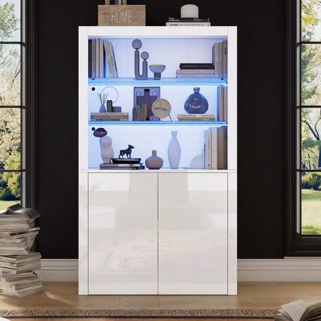 Mobile laterale per divano 100x35x170 cm, armadio contenitore verticale lucido con luci LED e ripiani in vetro temperato per soggiorno