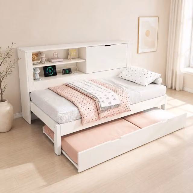 Letto Mivray con letto estraibile e vano contenitore, dotato di porte USB e USB-C e ripiani laterali, colore bianco, L: 90 cm, P: 200 cm, H: 208 cm – 1