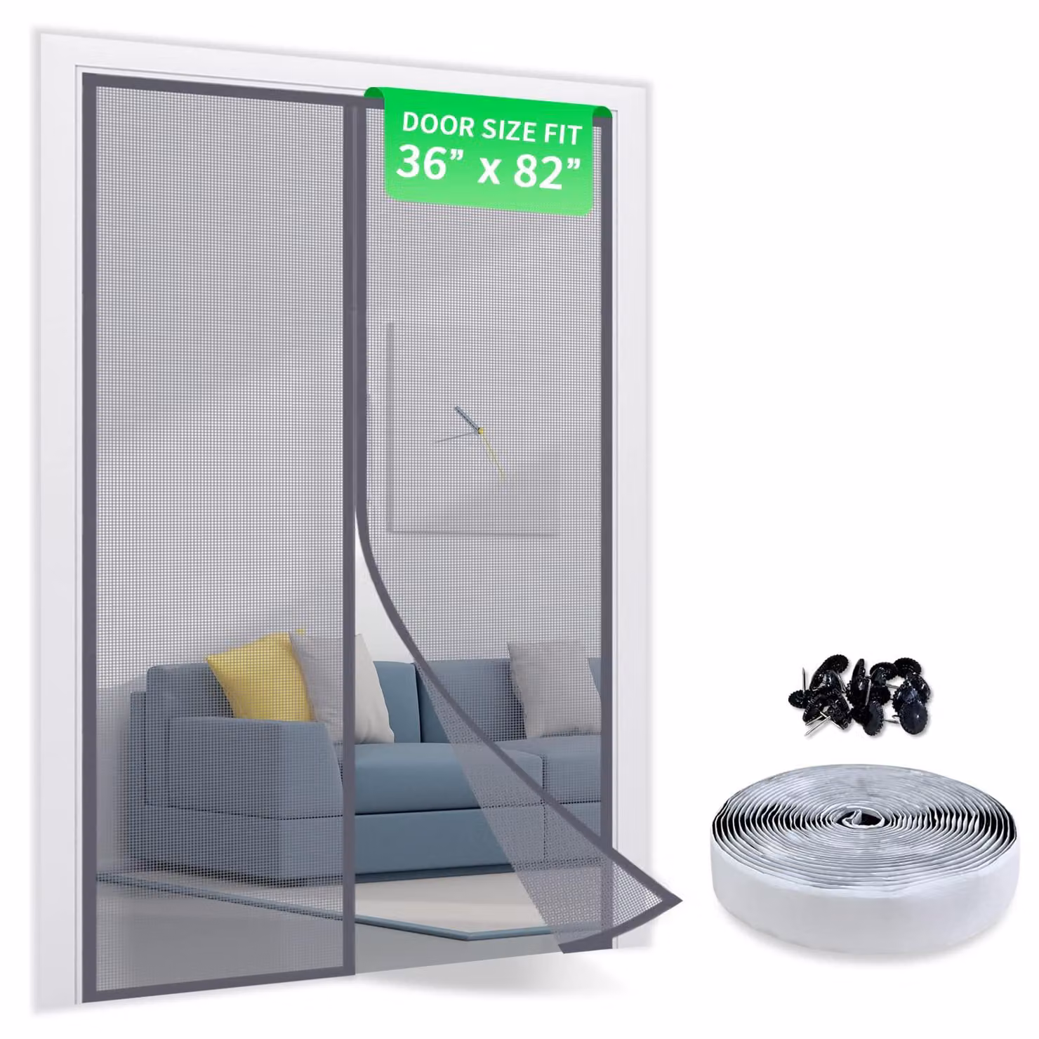 Zanzariera in fibra di vetro, 100x210 cm, con chiusura automatica e sistema di fissaggio a strappo