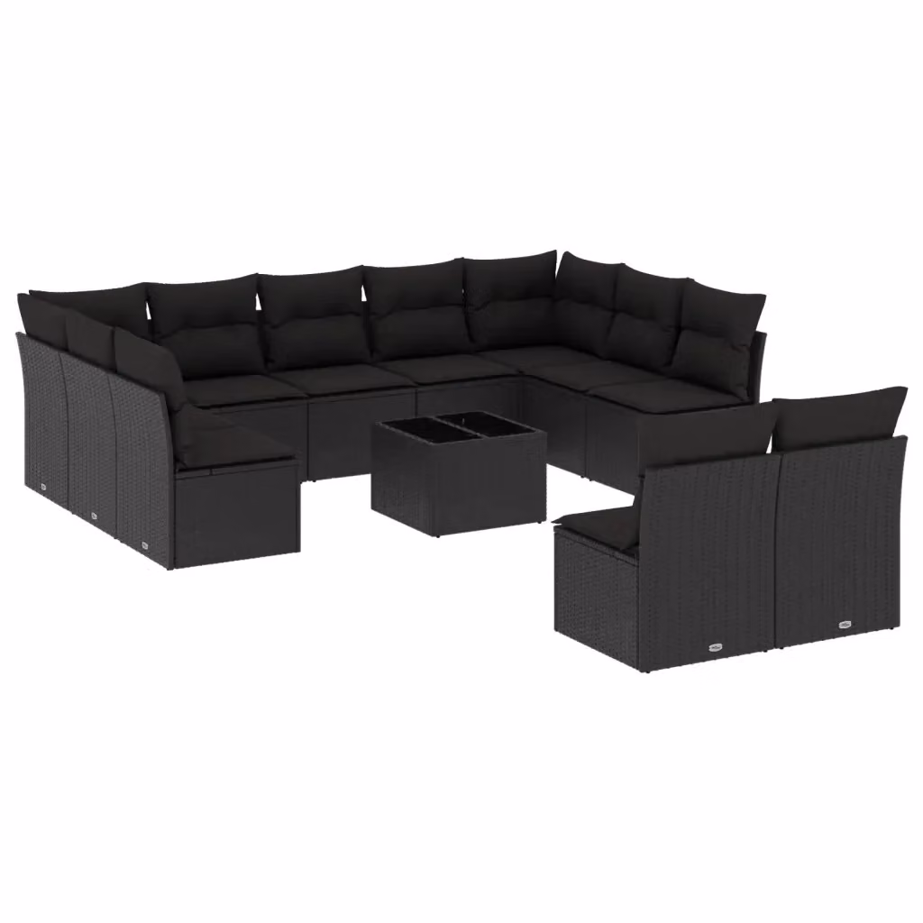 Set di Divani da Giardino VIDAXL a Forma a U in Polyrattan Nero con Cuscini, 12 Pezzi – 2