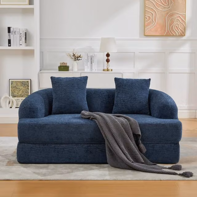 Divano letto 2 posti in ciniglia blu navy; trasformabile con cuscini; 157x84x65 cm