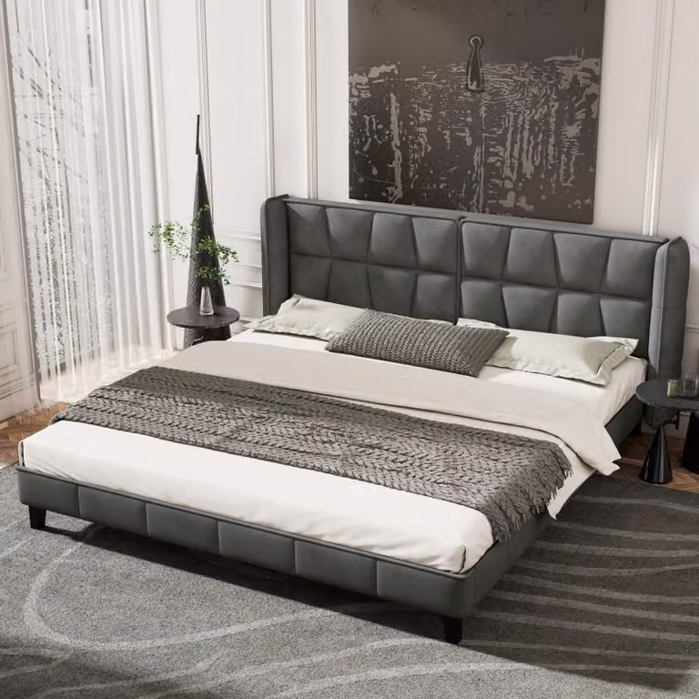 Letto imbottito 180 x 200 cm con rete a listelli, testiera imbottita, listelli in legno, traversa centrale e piedi di supporto, rivestito in velluto, colore grigio
