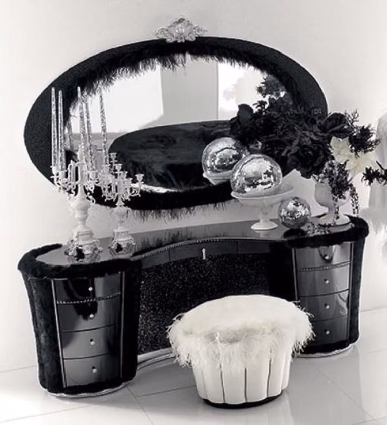 Casa Padrino Luxury Baroque Bedroom Set Nero / Argento / Bianco - 1 comò barocco & 1 specchio barocco & 1 sgabello barocco - Sontuosi mobili barocchi per la camera da letto e l'hotel - Italy