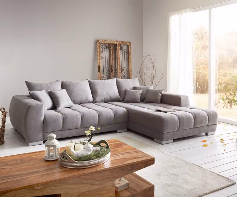 Divano angolare DELIFE Josea, 300x220 cm, tessuto in microfibra, grigio pietra, con chaise longue a destra