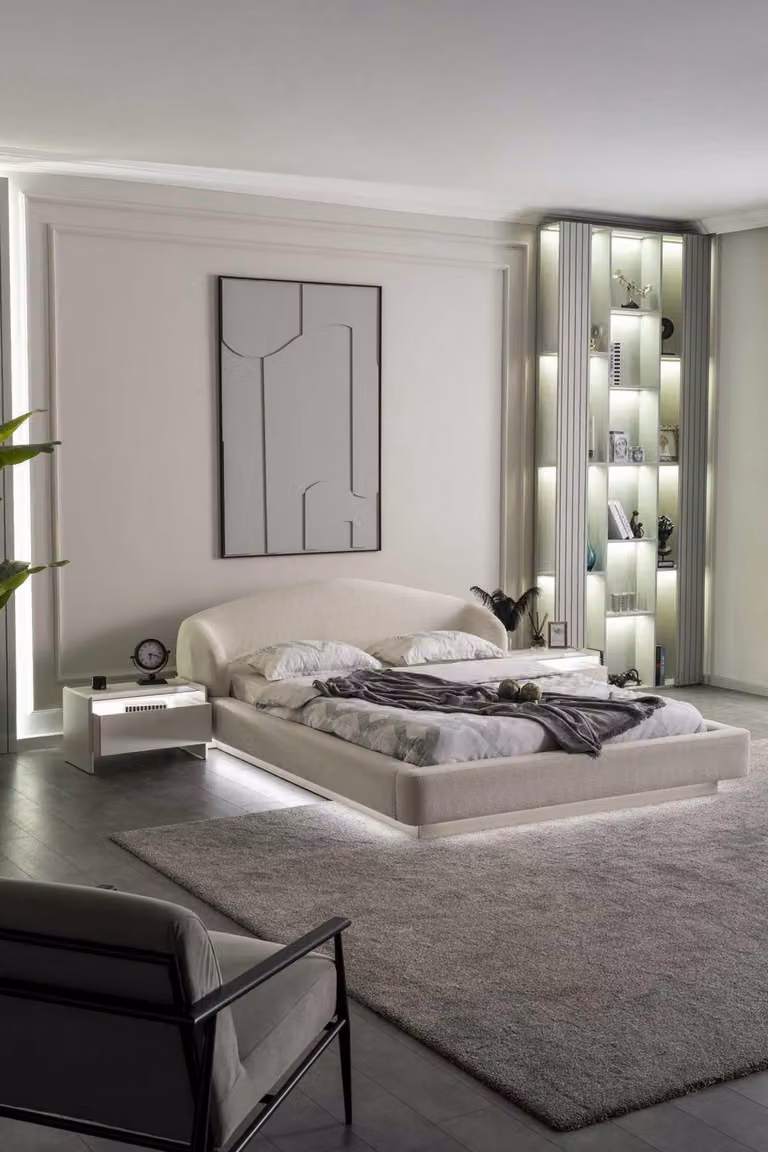 Letto, comodino, camera da letto, stile moderno, colore beige, nuovo, illuminazione