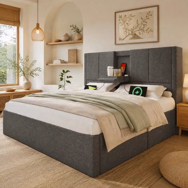 Letto imbottito 140x200 cm con contenitore, USB e portabicchieri in lino grigio