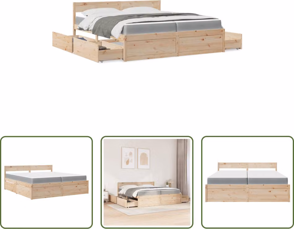 The Living Store Letto con cassetti e materasso 200x200 cm in legno di pino massiccio