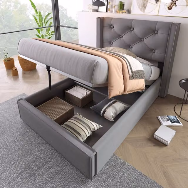Letto singolo idraulico imbottito 90x200 cm, con doghe in metallo, struttura moderna con contenitore, cotone, Grigio