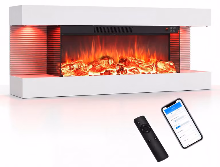 COSTWAY, caminetto elettrico da 32 pollici, a 3 lati, caminetto decorativo con riscaldamento da 750W/1500W, caminetto da parete con luci LED laterali, effetto fiamma 3D, 12 colori di fiamma e timer