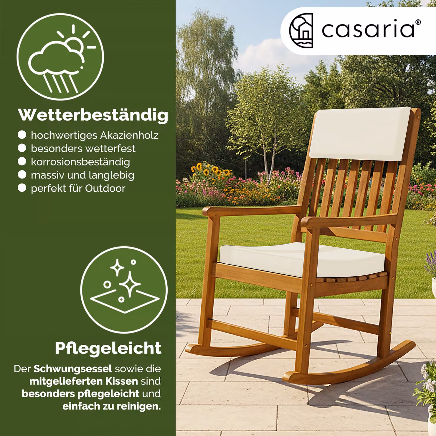 Sedia a dondolo Casaria in legno di acacia marrone con cuscini, H 107 x L 54 x P 76 cm – 3