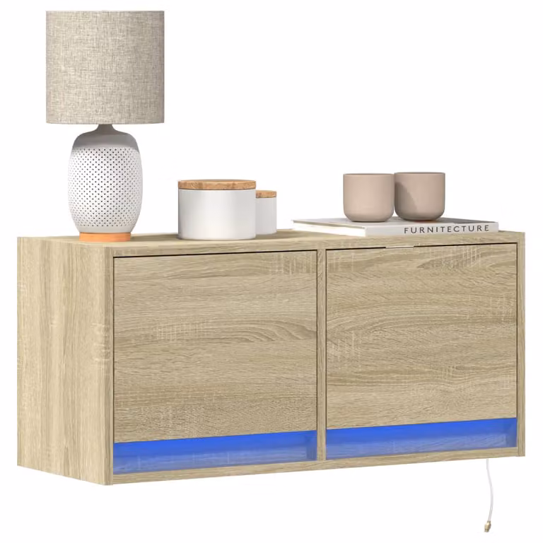 Mobile TV a parete con luci LED vidaXL, Rovere Sonoma, L 80 cm x P 31 cm x H 35 cm